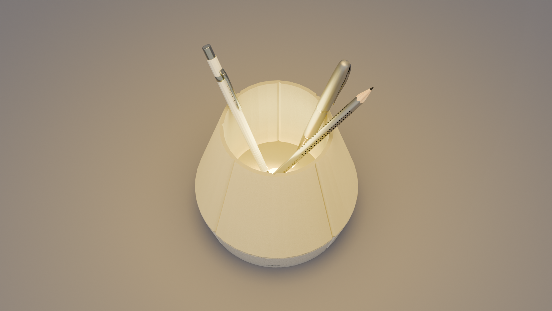 The top view of Litele Duo Marble lamp, lit and functioning as a pen holder, with pens inserted