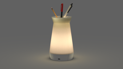 Portable and stylish Venti Plus lamp with integrated pen holder at the top in white. 